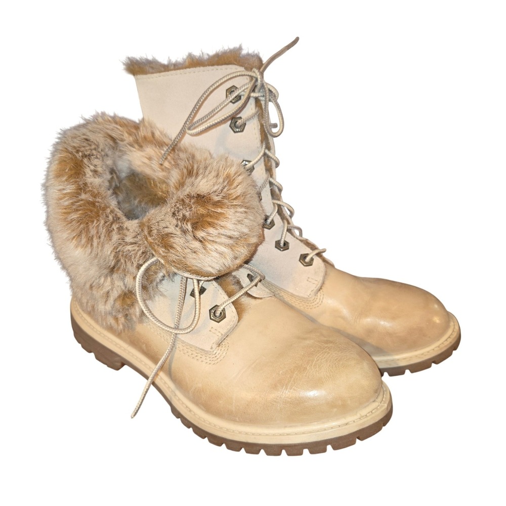 Timberland Faux Fur Lined Fold Down Boots Womens 7.5 Cream Leather Lace Up 26653